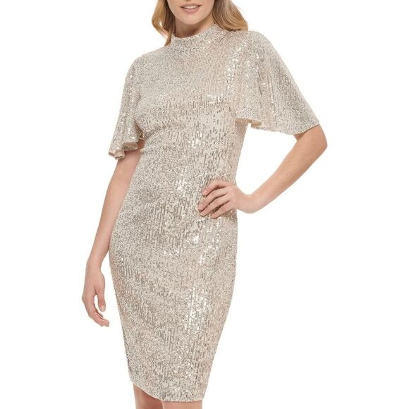 ✨ ELIZA J Silver Sequin Sheath Flutter Sleeve Mock Neck Dress SIZE 12 $168 NWT - Picture 16 of 16
